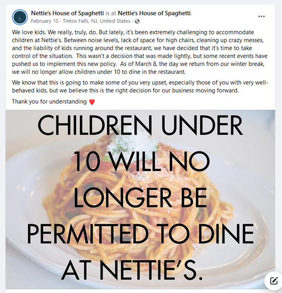Kinderverbot in Restaurant, Kinderverbot